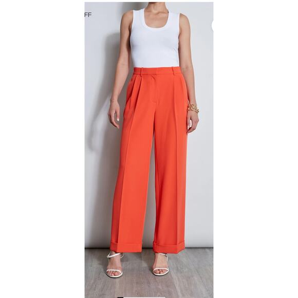 Elie Tahari Pleated Cuffed Pants Jupiter Glow Orange 12 - Picture 1 of 9